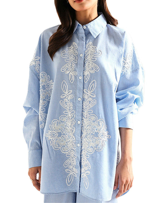 Embroidered Striped Pantsuit Is Cool and Comfortable. (Sky Blue)