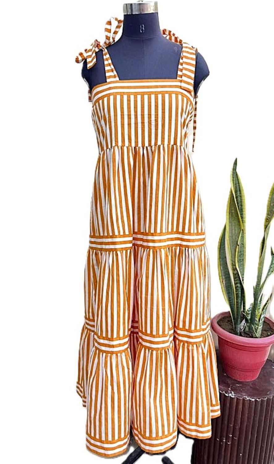 Dresses: Sleeveless Tie Shouldered Cotton Block Striped Maxi. Bronze.