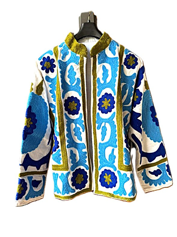 Jacket - Wearable Art,  Embroidered, Boho Kimono Box Cut Top: Cotton Velvet (Blue, Olive)
