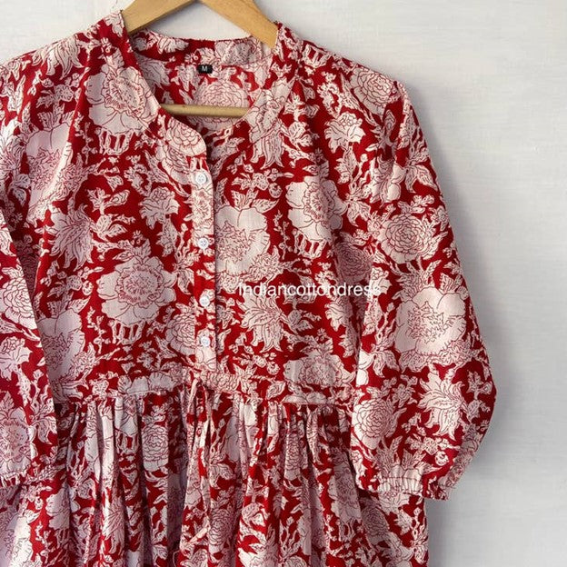 Floral Block Print Cotton Dress Looks Crisp in Shades of Red and White