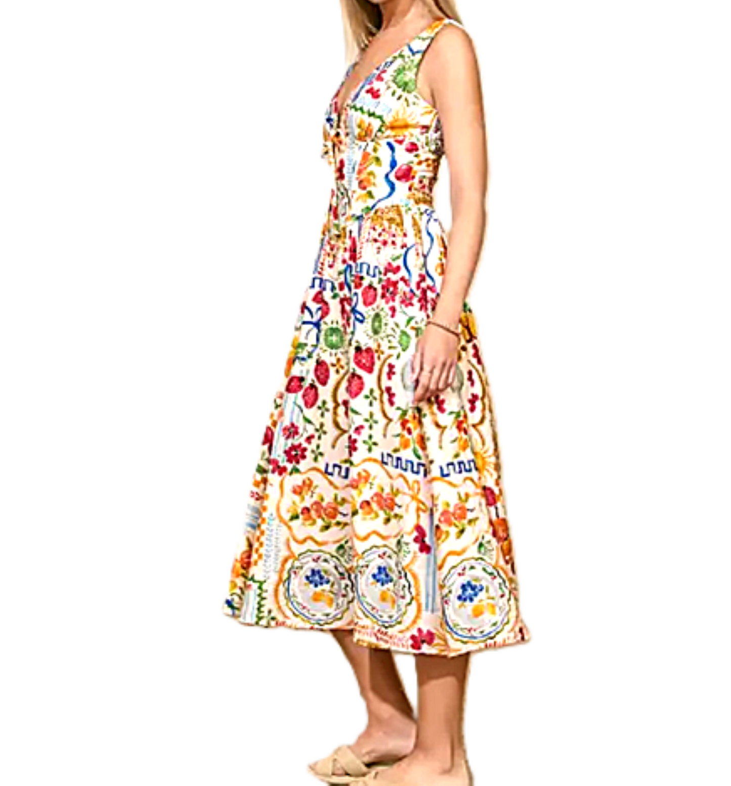 Dresses: Sleeveless Retro Print Corset Midi (Picnic)  Only 1 Left.