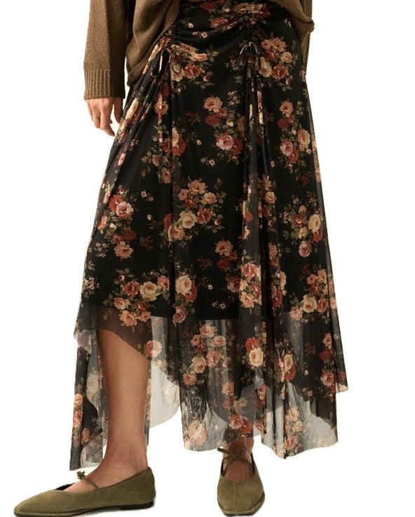 Skirt, Floral-Print Mesh Ruched Drawstring Handkerchief Maxi