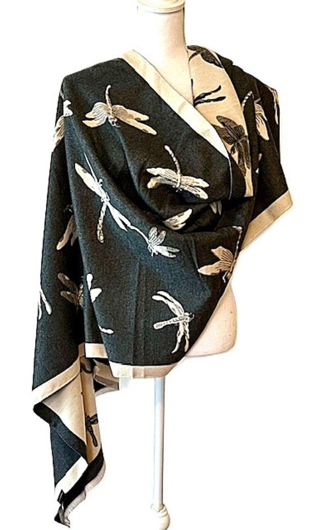 Cream and Black Dragonfly Reversible Wrap – Artisan Shawl