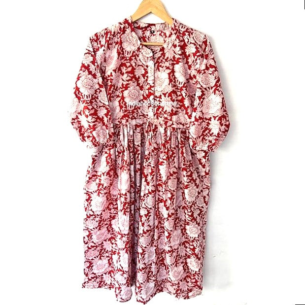 Floral Block Print Cotton Dress Looks Crisp in Shades of Red and White