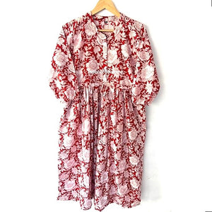 Floral Block Print Cotton Dress Looks Crisp in Shades of Red/White