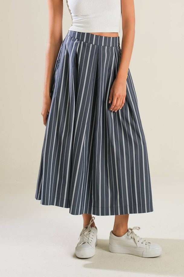 Striped Woven Full Skirt Is The Perfect Basic. ( Charcoal )  -