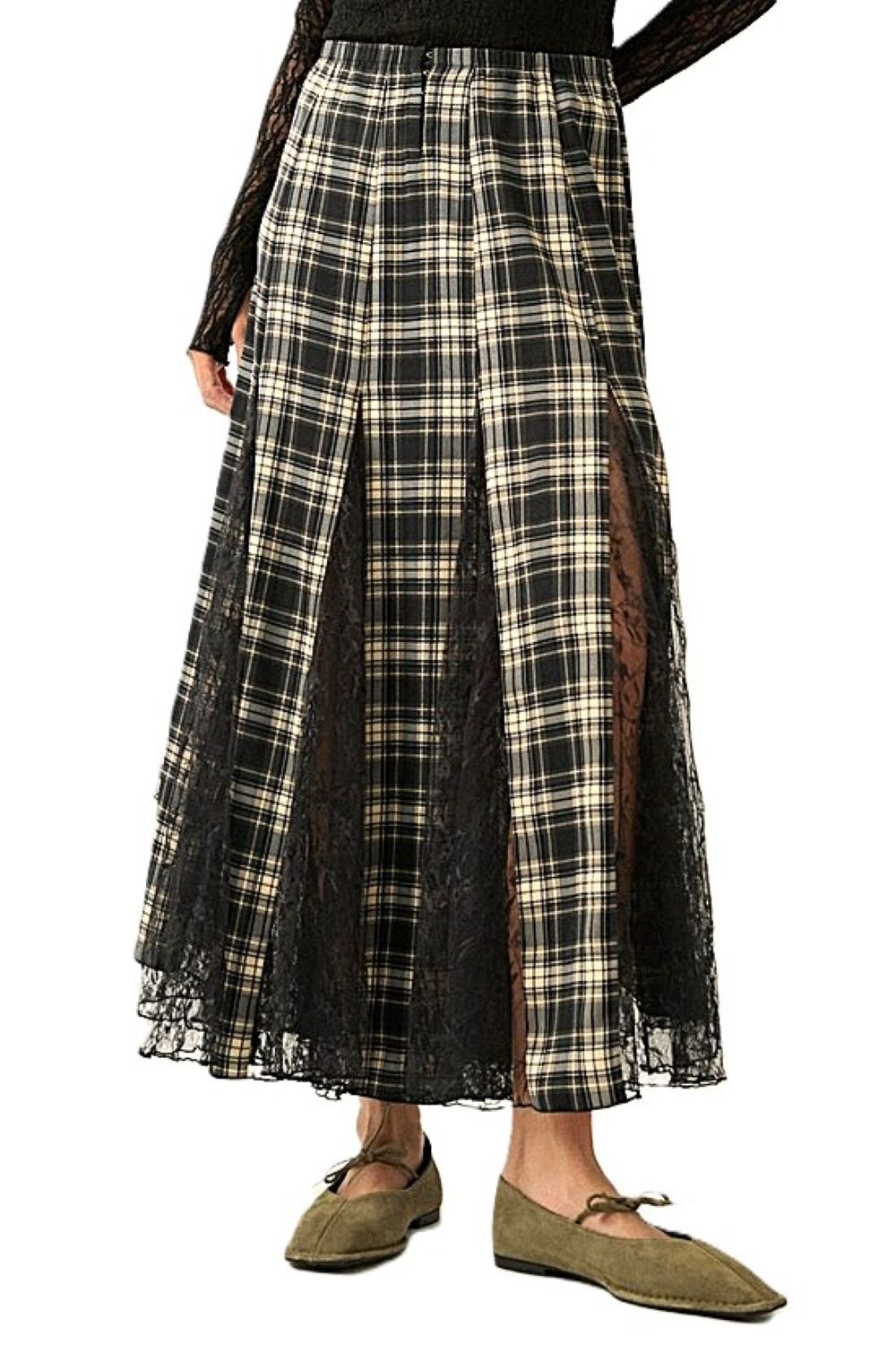 Skirt, Plaid and Lace Godet Pleated A-Line Elastic Waist Maxi (Black)