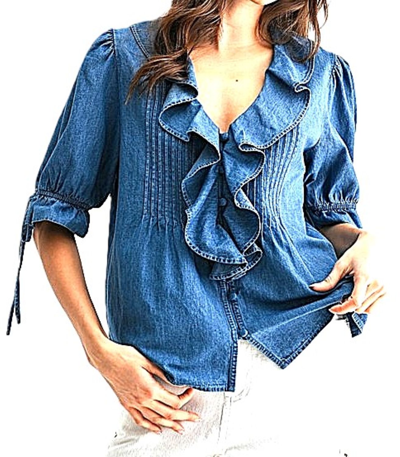 Top, Denim Pleated Ruffle Blouse with Puff Sleeves