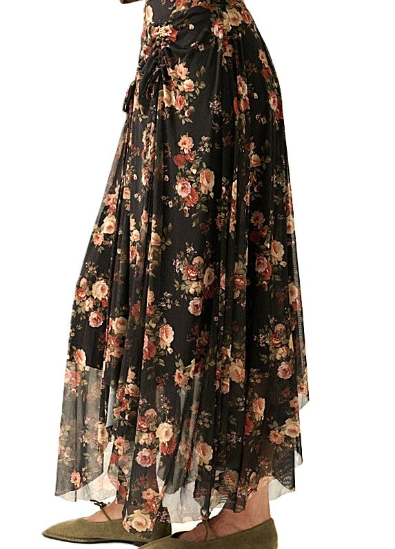Skirt, Floral-Print Mesh Ruched Drawstring Handkerchief Maxi