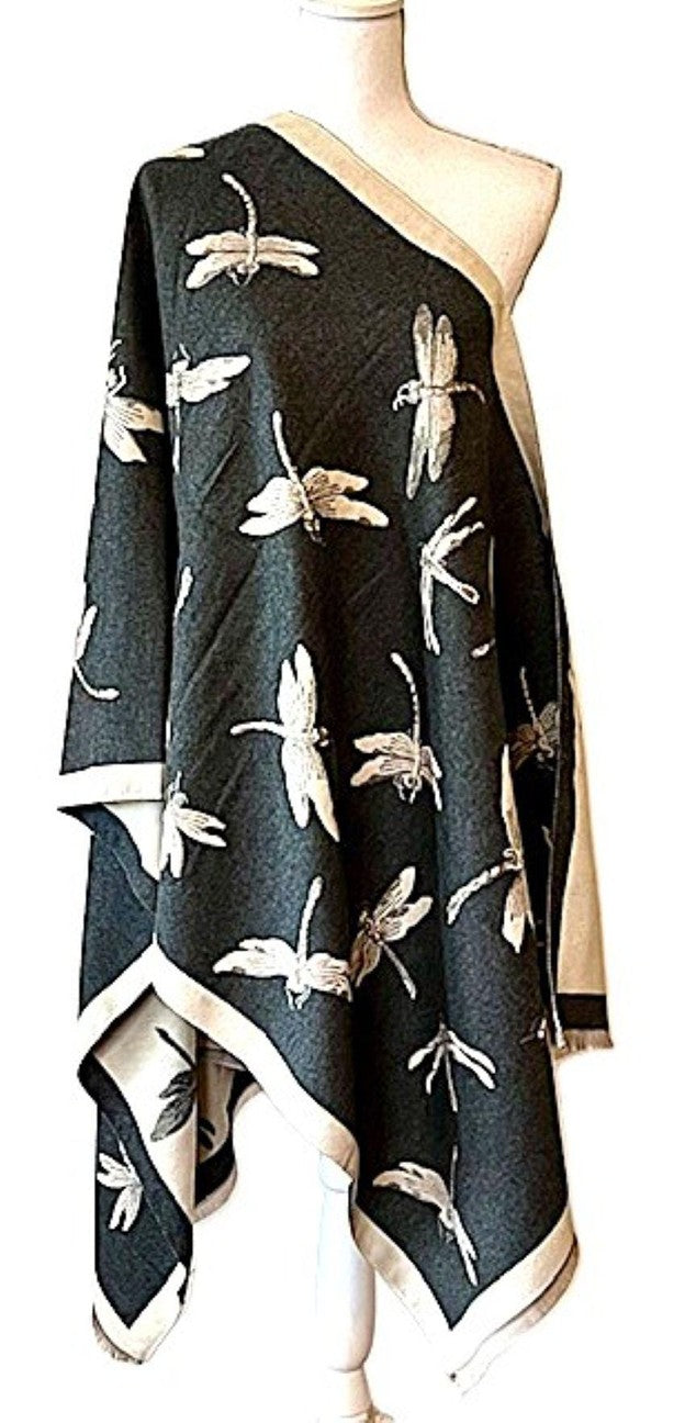 Cream and Black Dragonfly Reversible Wrap – Artisan Shawl