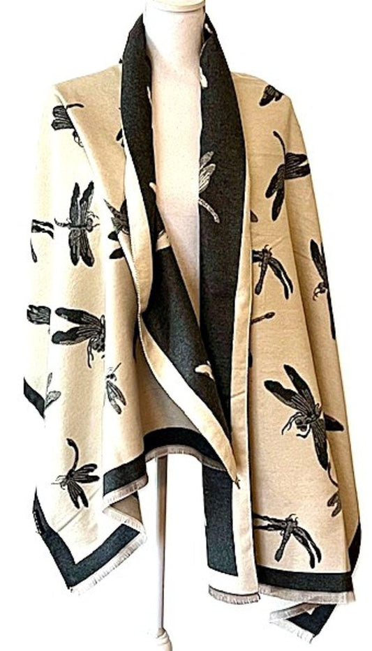 Cream and Black Dragonfly Reversible Wrap – Artisan Shawl