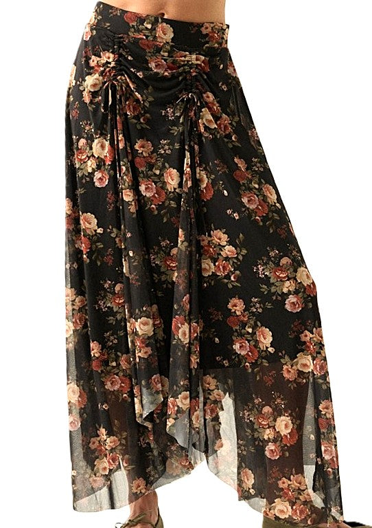 Skirt, Floral-Print Mesh Ruched Drawstring Handkerchief Maxi