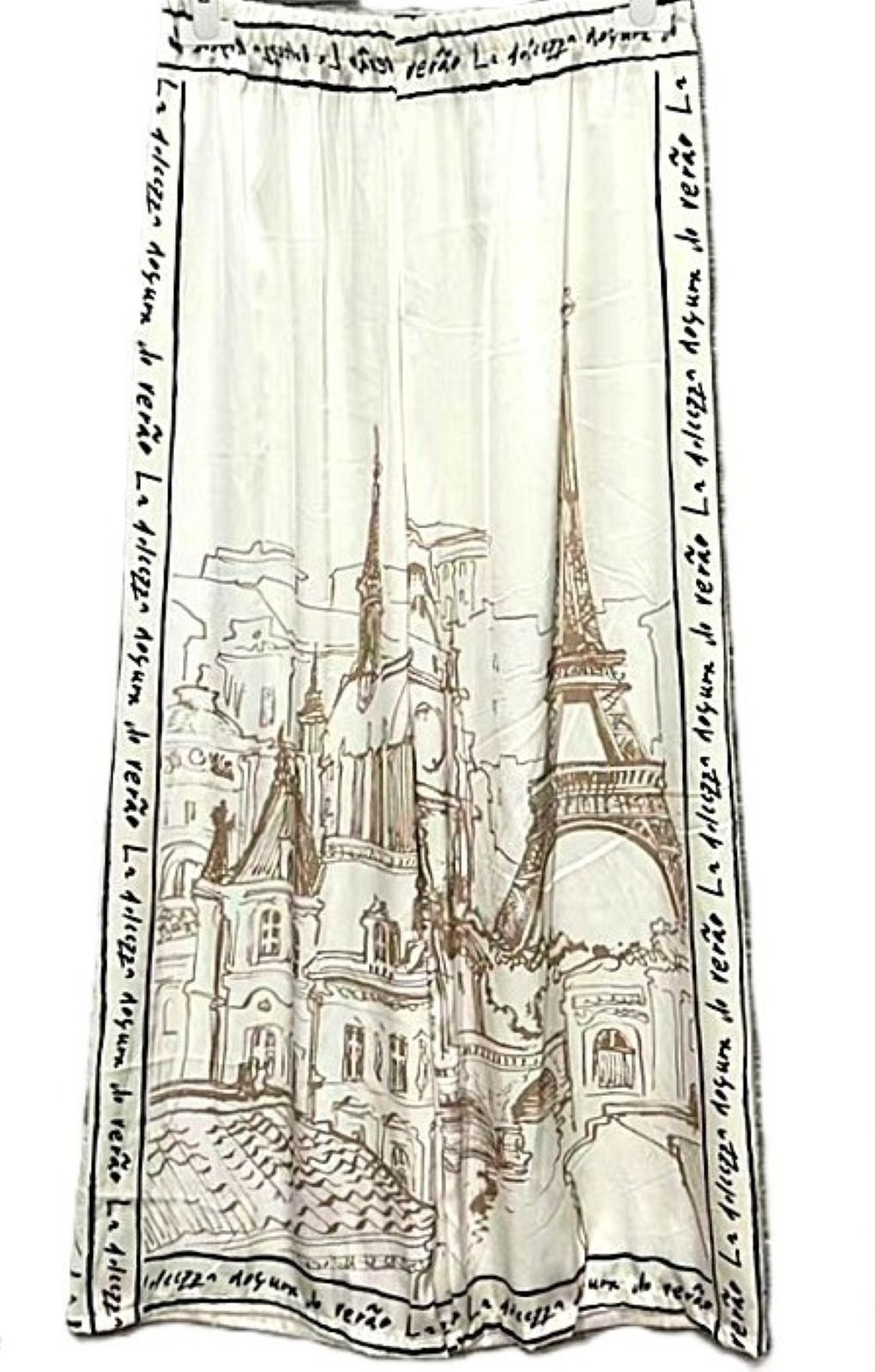 Pants, Paris City Print Is Smart and Sophisticated Trimmed With French Sayings (Ivory)