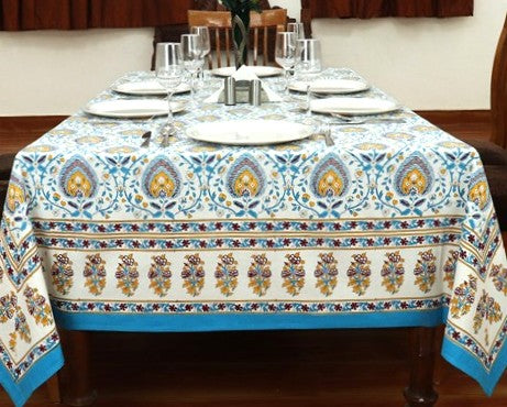 Handcrafted Foulard Block Printed Cotton Tablecloth. (Multi-Color)