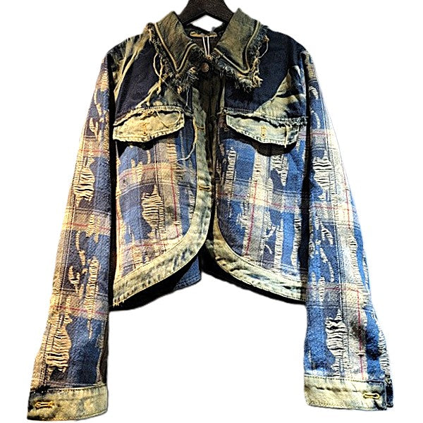 Jacket: Vintage Style Plaid Patchwork Denim Top With Frayed Edges (2 Colors)