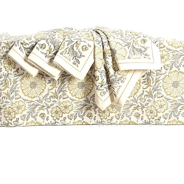 Refined Minimalist Block Print Zinnia Table Cloth And Matching Napkin Sets