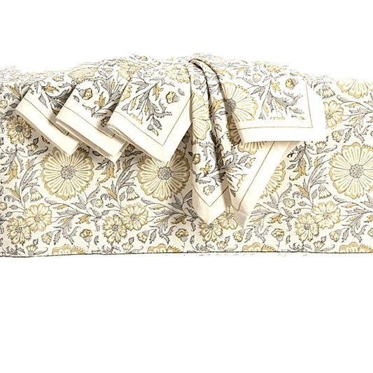 Refined Minimalist Block Print Zinnia Table Cloth And Matching Napkin Sets