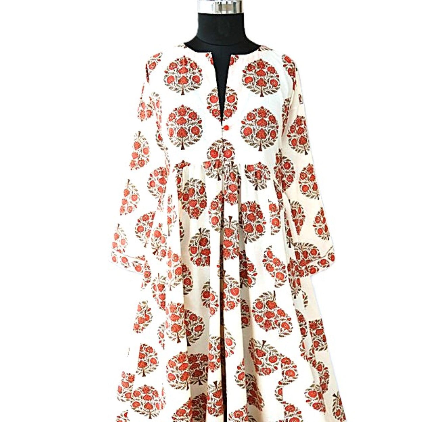 Dresses: Flattering Flared Midi Block Print Floral Cotton. (Red)