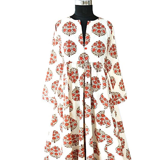 Dresses: Flattering Flared Midi Block Print Floral Cotton. (Red)