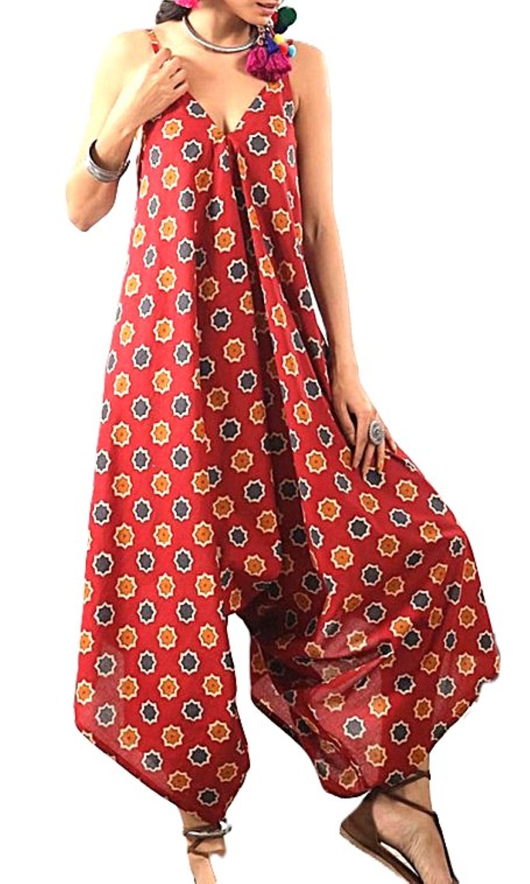 Jumpsuit, Contemporary Handblock Abstract Print In Cotton (Red)