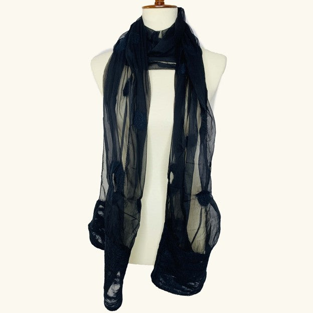 Artisan Shawl,  Circles and Dots, Black Scarf, Handmade