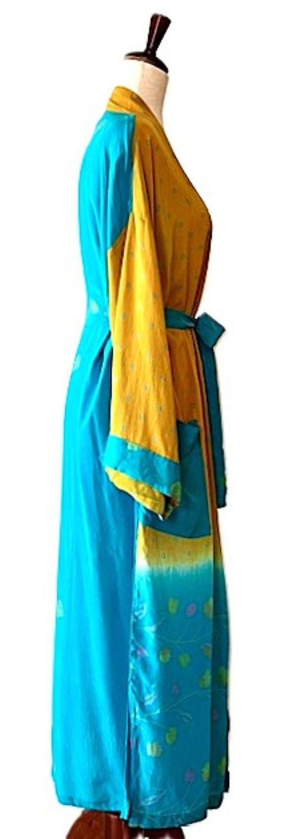Long Silk Kimono Duster,  Dramatic Mixed Prints. (Bronze Turquoise)