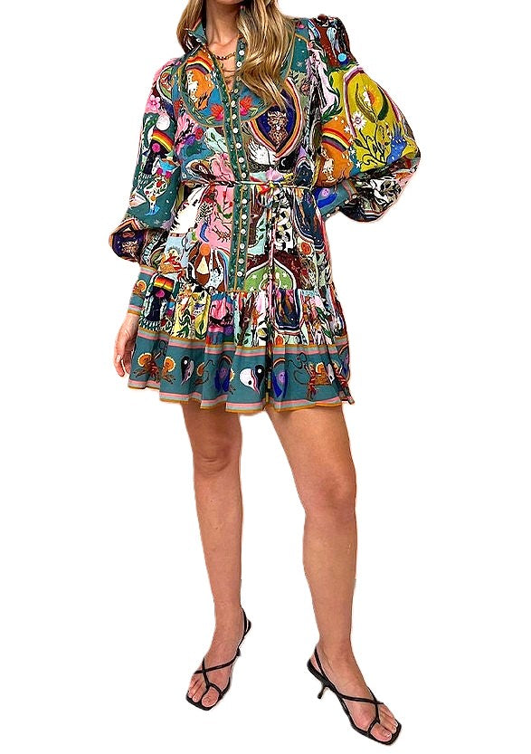 Sassy Mixed Print Long Sleeve Ruffled Short Dress.