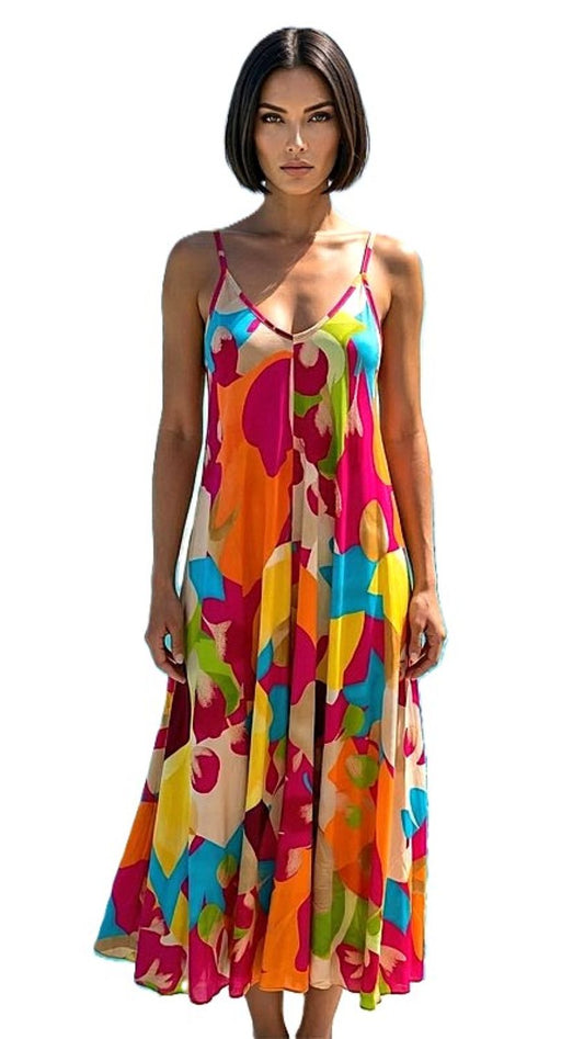 Dresses: Italian Multicolor Strappy Sundress In An Abstract Print (2 Colors)