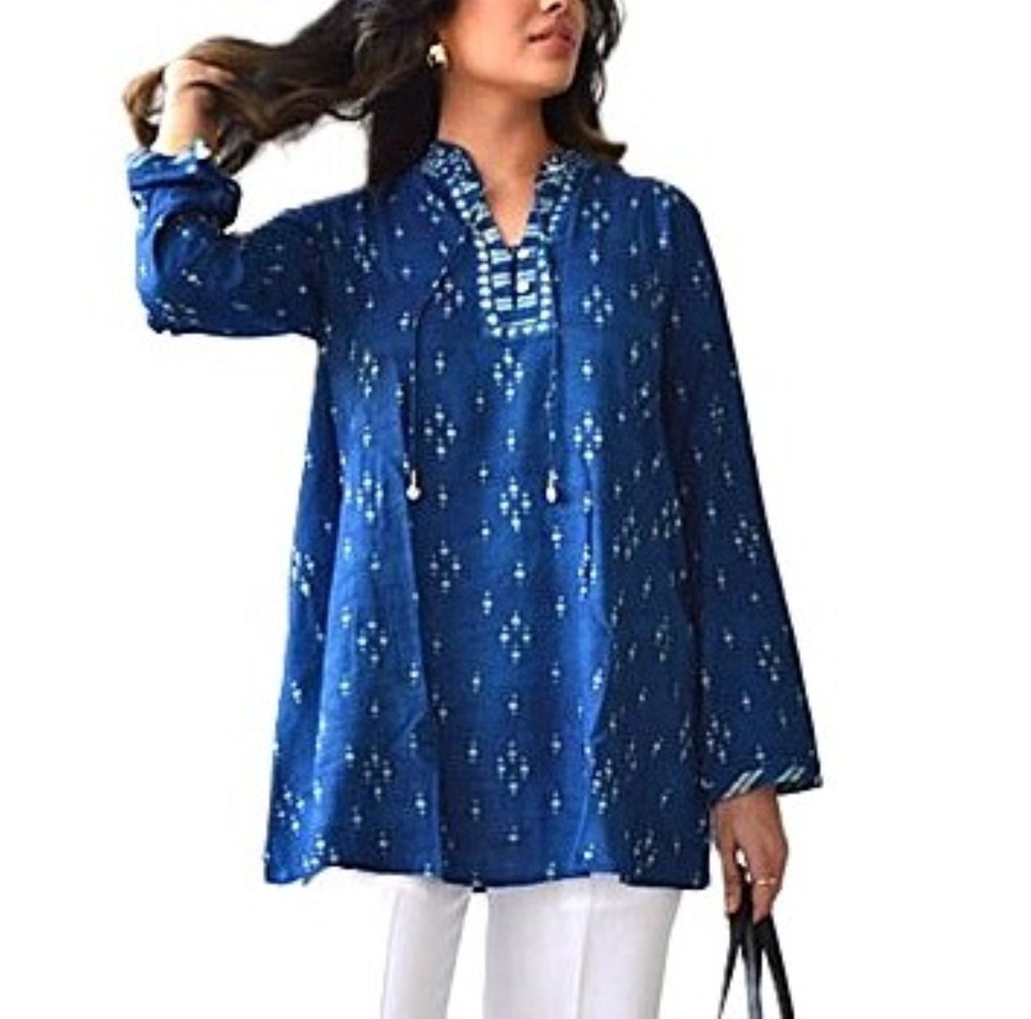 Standout Tunic Top With Detailed Bordered Placket Handmade. (Indigo)