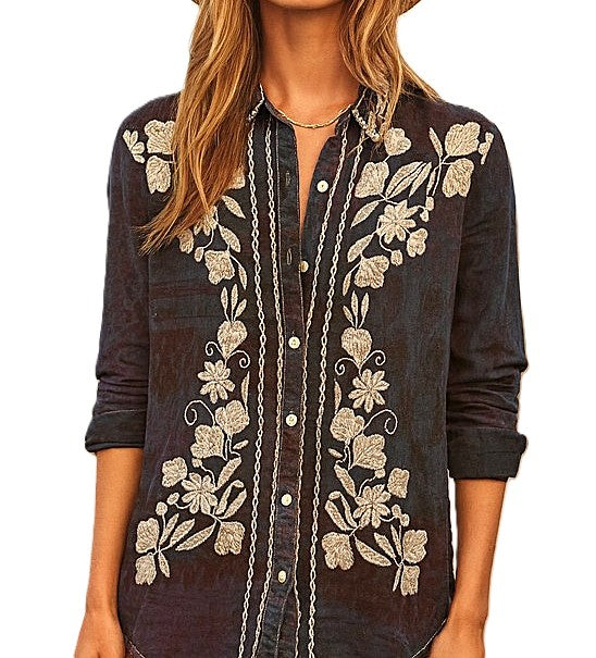 Top: The Midnight Botanica Floral Cotton Shirt: Vintage Boho Top