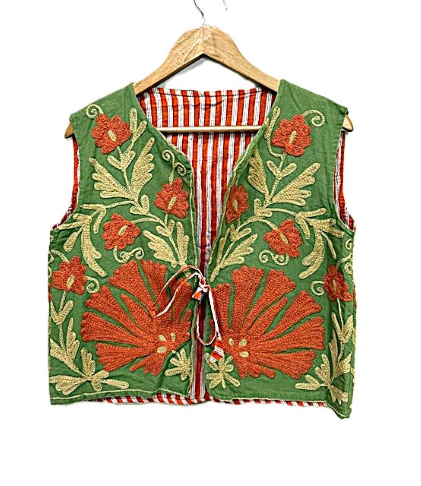 Fully Reversible Designer Handmade Embroidered Vest.  Looks Smart (Green Red)