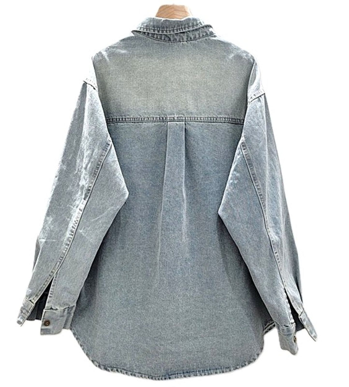 Tops: Vintage Washed Denim Shirt Oversized With Decorative Metal Accents. Chic Style