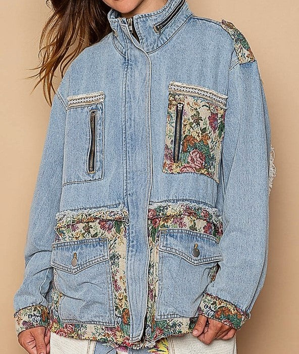 High Neck Raw Edged Tapestry Denim Jacket Elevates Denim To New Heights.