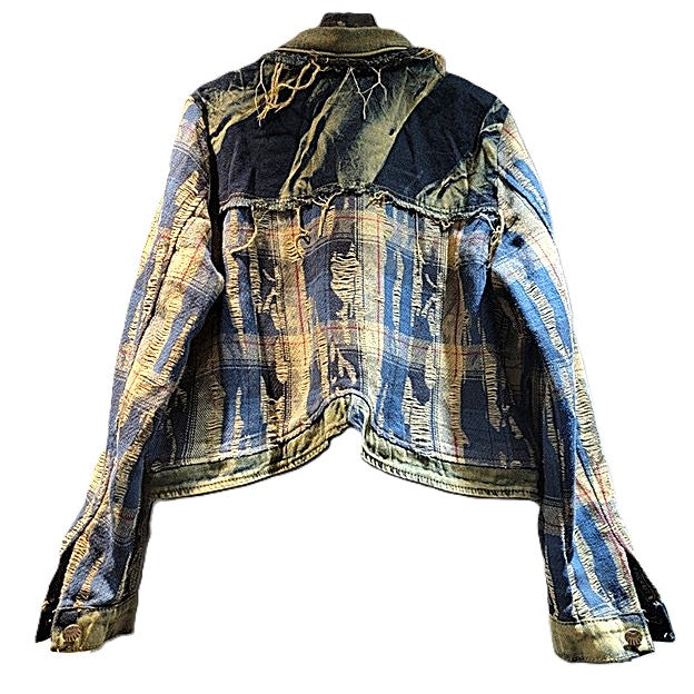 Jacket: Vintage Style Plaid Patchwork Denim Top With Frayed Edges (2 Colors)