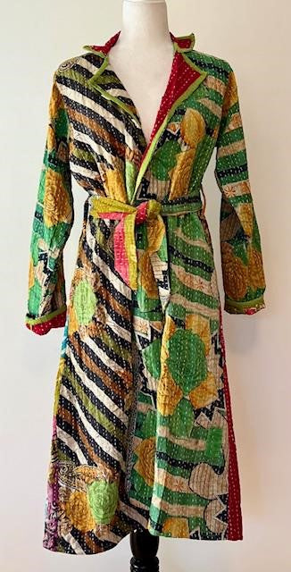 New Vintage Kantha Quilted Reversible Trench Coat, Green Multi