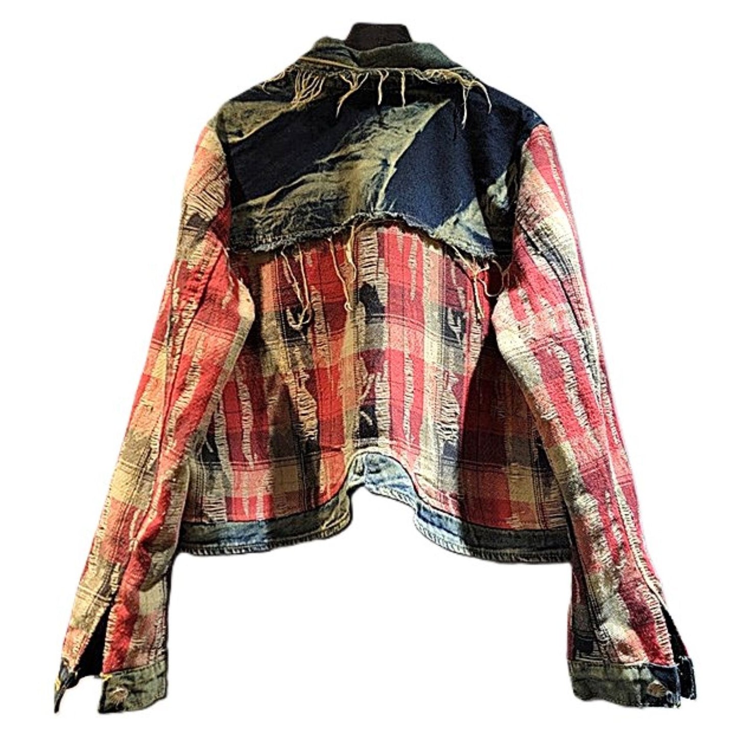 Jacket: Vintage Style Plaid Patchwork Denim Top With Frayed Edges (2 Colors)