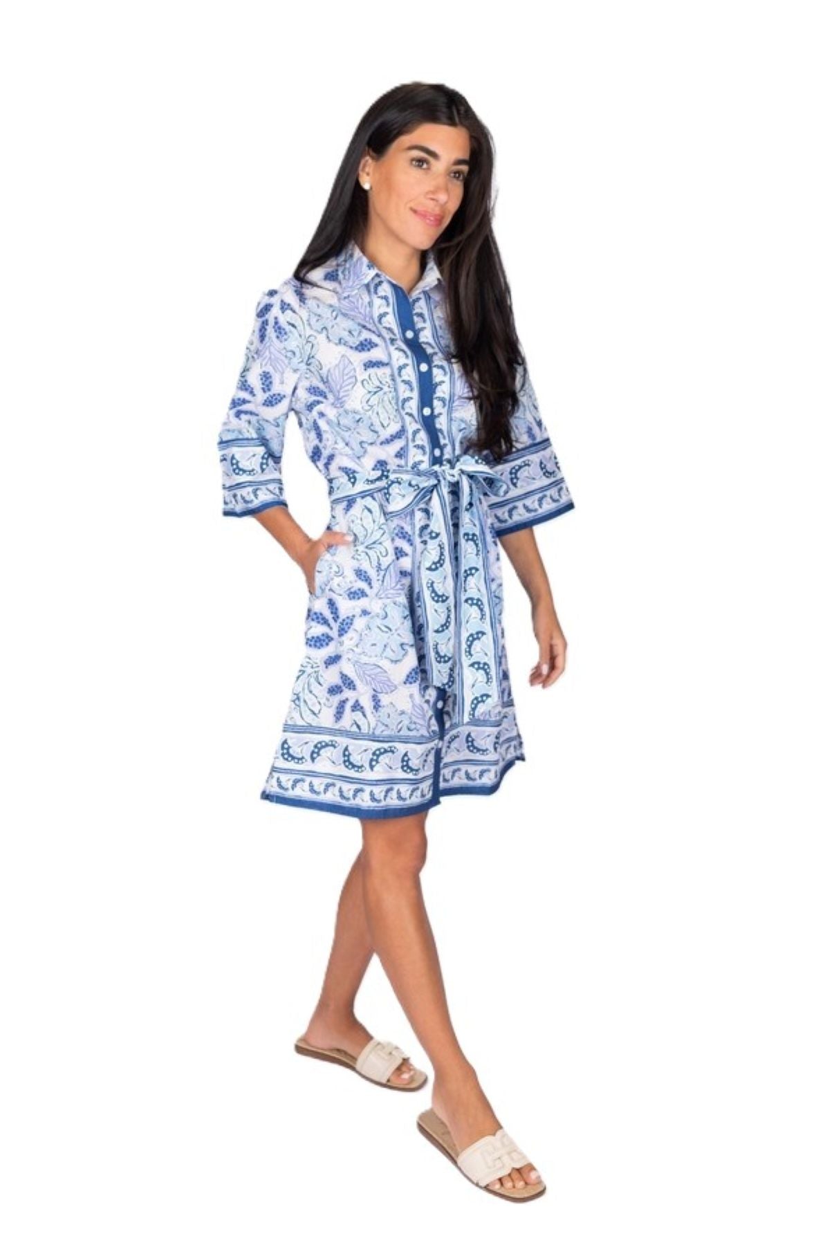 Classic Shirtdress Is Elegant With Lots Of Designer Details. (Blue and White)