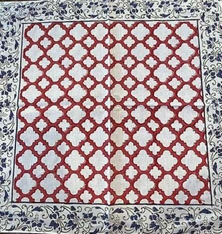 Dinner Napkin Set In A Complex Print With A Contrasting Border (Red and Navy)