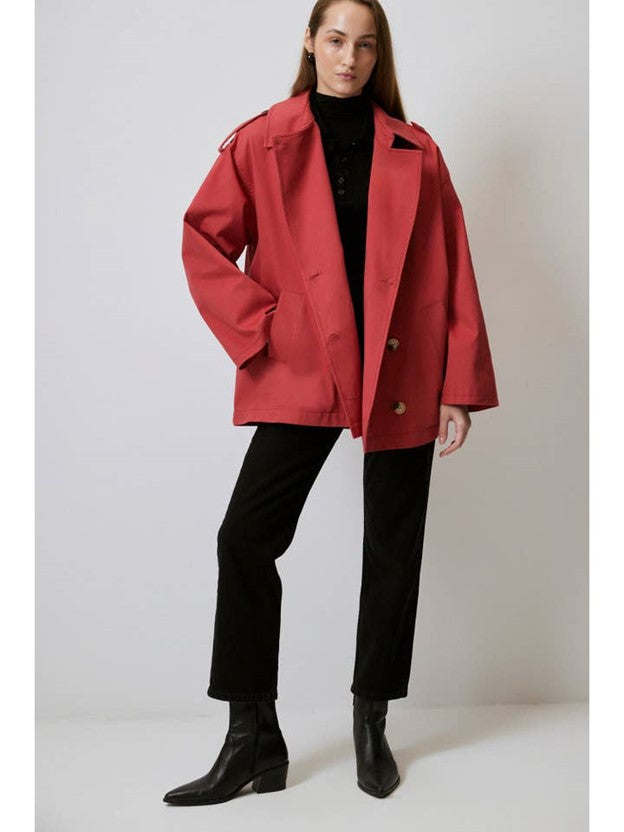 Short Classic Double Breasted Trench Coat.  Smart Basic (Red)