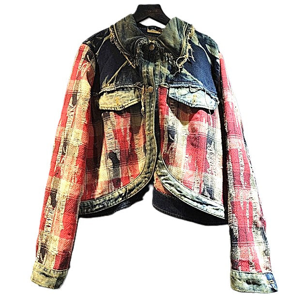 Jacket: Vintage Style Plaid Patchwork Denim Top With Frayed Edges (2 Colors)