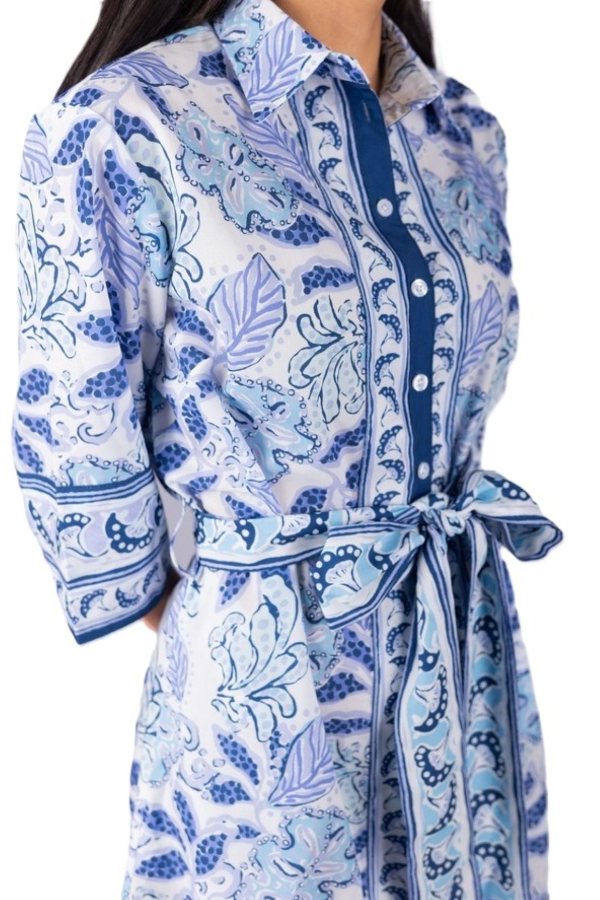 Classic Shirtdress Is Elegant With Lots Of Designer Details. (Blue and White)