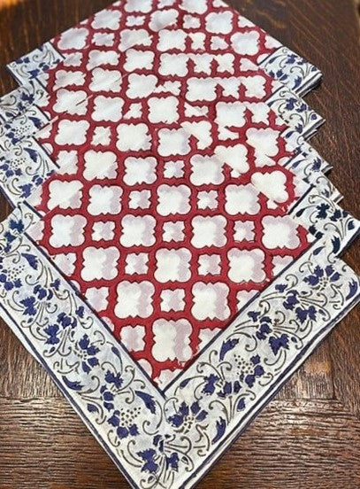 Dinner Napkin Set In A Complex Print With A Contrasting Border (Red and Navy)