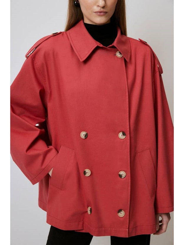 Short Classic Double Breasted Trench Coat.  Smart Basic (Red)