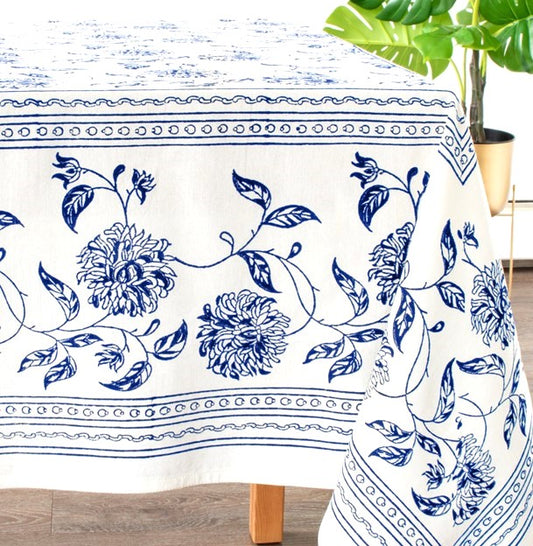 Fresh Floral Hand Block Print Table Cloth Set In White and Navy or Black and White. Stunning. (60 X 90)