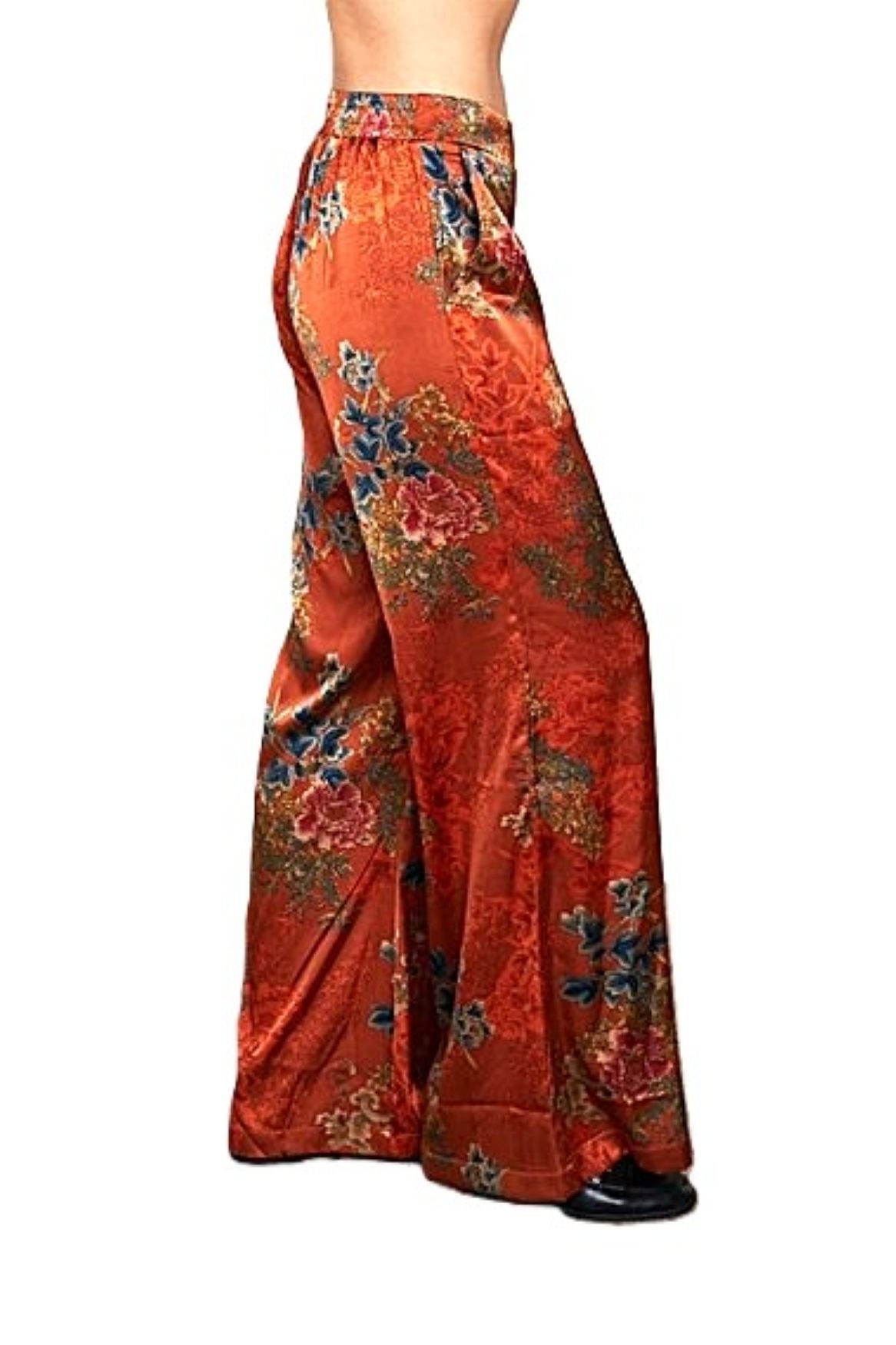 Pants. Satin Rust Palazzo Print. Colorful And Elegant.