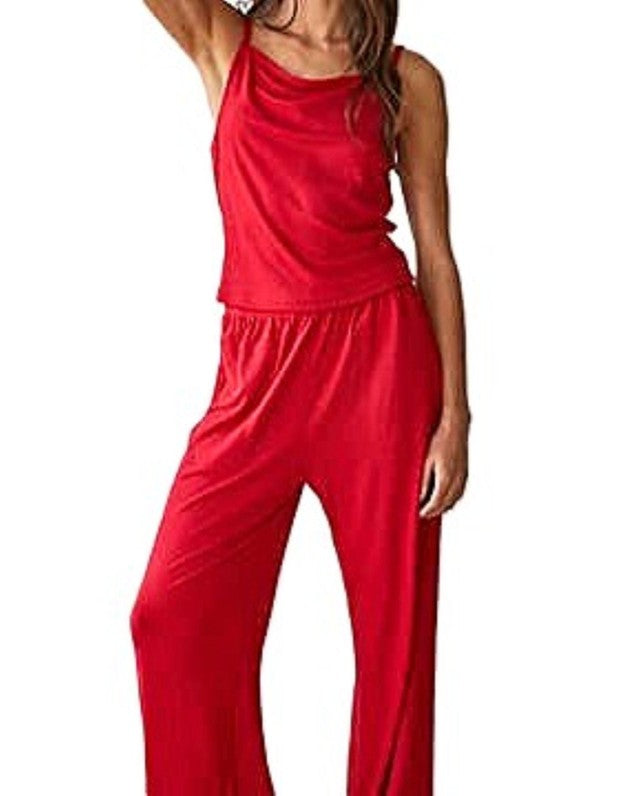 Pant Sets, Knit Jersey High Neck Cami and Banded Waist Pants (Red)