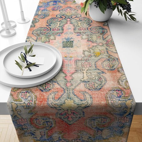 Vintage Kilim Chenille Fabric Table Runner. Inspired by the rich heritage of Turkish designs.