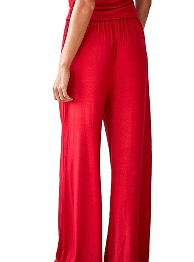 Pant Sets, Knit Jersey High Neck Cami and Banded Waist Pants (Red)