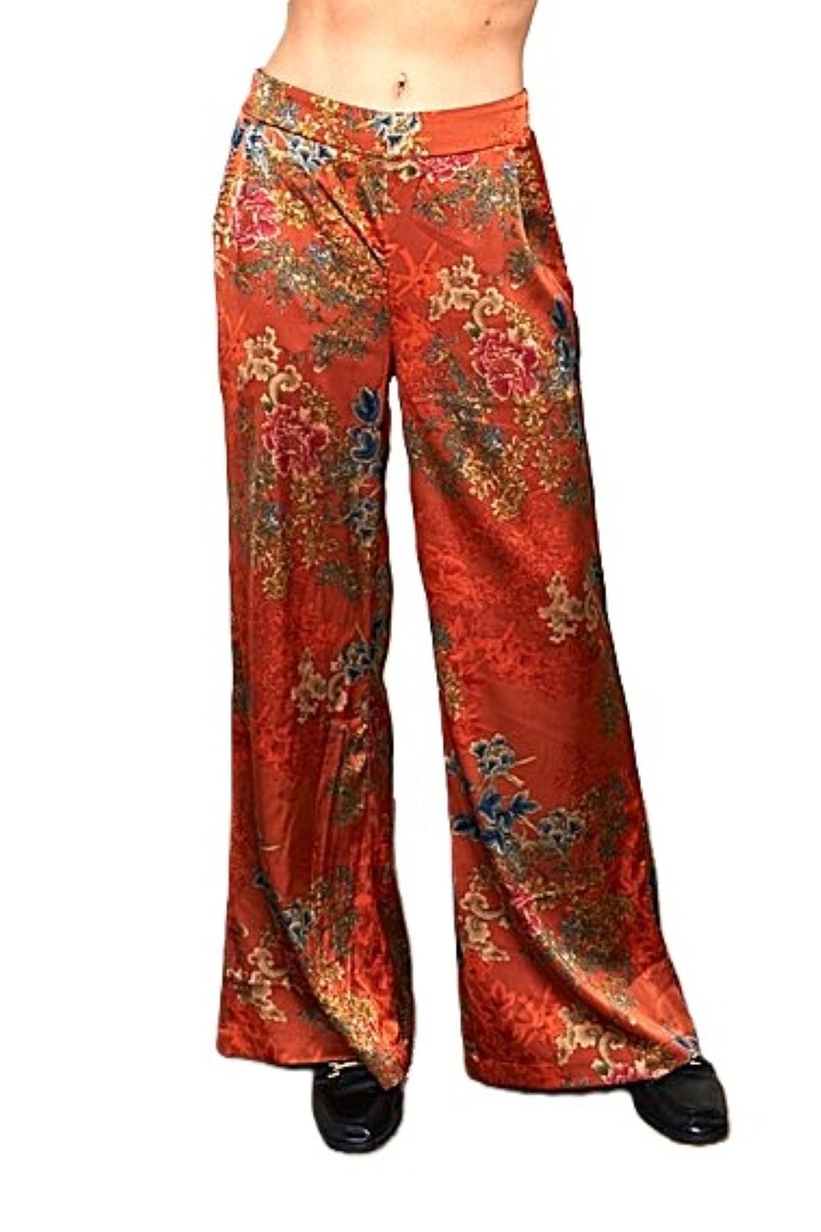 Pants. Satin Rust Palazzo Print. Colorful And Elegant.
