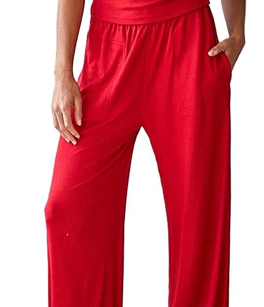 Pant Sets, Knit Jersey High Neck Cami and Banded Waist Pants (Red)